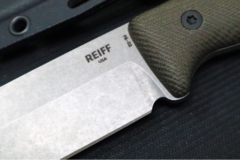 Reiff Knives F6 GEN2 Fixed Blade - Green Canvas Micarta Handle / CPM-3V Steel / Stonewashed Drop Point Blade / Black Kydex Sheath - Northwest Knives