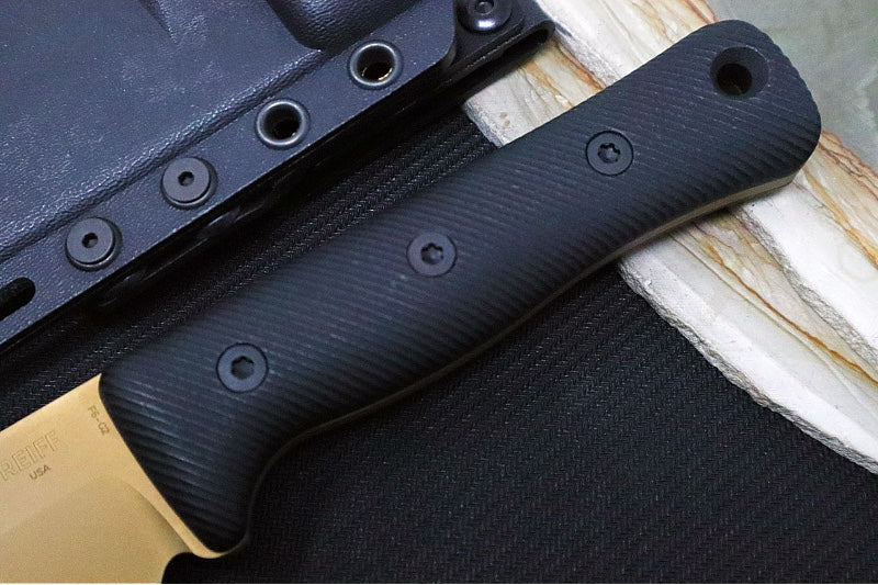 Reiff Knives F6 GEN2 Fixed Blade - Black Canvas Micarta Handle / CPM-3V Steel / Flat Dark Earth PVD Finished Drop Point Blade / Black Kydex Sheath - Northwest Knives