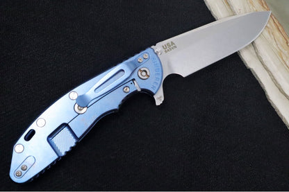 Rick Hinderer Knives XM-24 - 4" Spearpoint Blade / CPM-S45VN / Black G-10 / Stonewashed Blue Titanium Frame