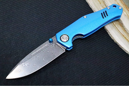 Garage Sale Boker 1969 Z28 Damascus - Blue Anodized Handle Scales / Drop Point Blade / Chad Nichols Tread Pattern Damascus 111101DAM - Northwest Knives