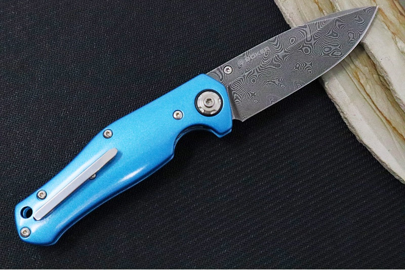 Garage Sale Boker 1969 Z28 Damascus - Blue Anodized Handle Scales / Drop Point Blade / Chad Nichols Tread Pattern Damascus 111101DAM - Northwest Knives