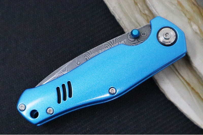 Garage Sale Boker 1969 Z28 Damascus - Blue Anodized Handle Scales / Drop Point Blade / Chad Nichols Tread Pattern Damascus 111101DAM - Northwest Knives