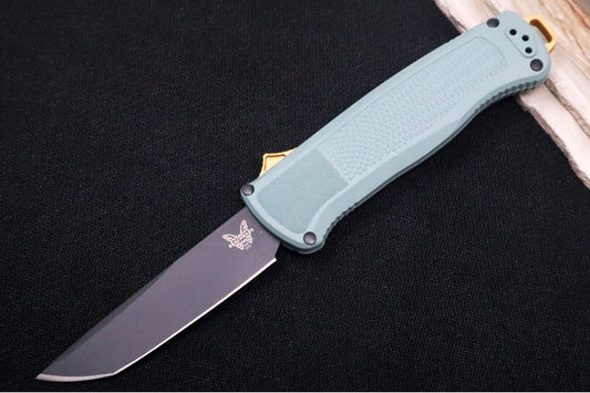 Benchmade 5370BK-07 Shootout OTF - Black DLC Coated Blade / Tanto Style / Sage Green Grivory Handle / Gold Accents