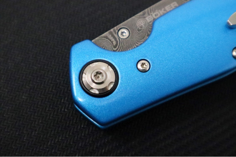Garage Sale Boker 1969 Z28 Damascus - Blue Anodized Handle Scales / Drop Point Blade / Chad Nichols Tread Pattern Damascus 111101DAM - Northwest Knives