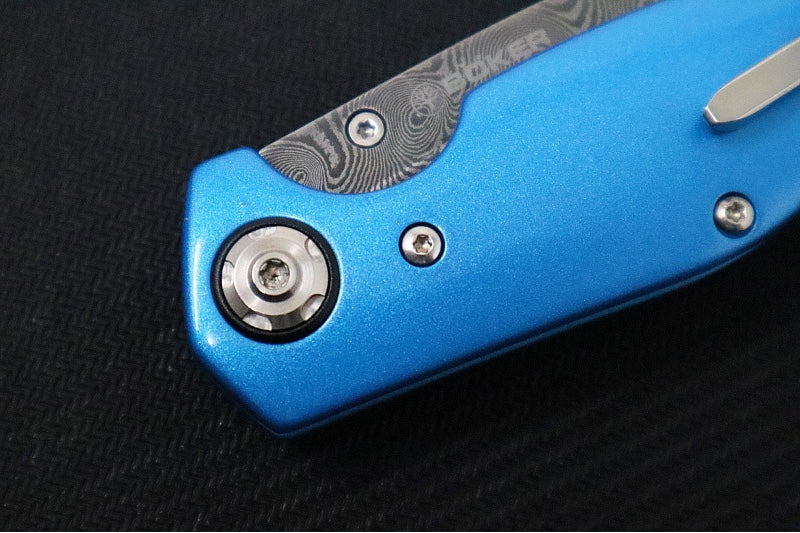 Garage Sale Boker 1969 Z28 Damascus - Blue Anodized Handle Scales / Drop Point Blade / Chad Nichols Tread Pattern Damascus 111101DAM - Northwest Knives