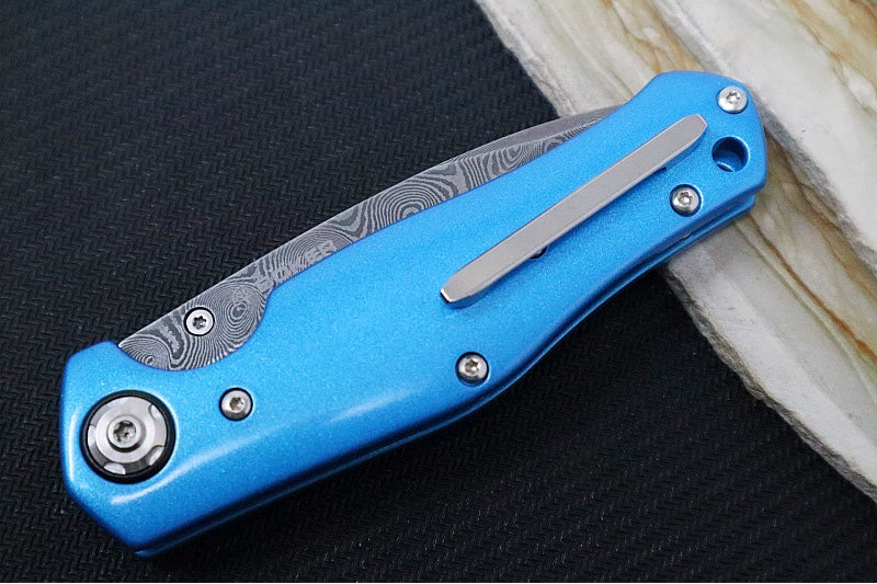 Garage Sale Boker 1969 Z28 Damascus - Blue Anodized Handle Scales / Drop Point Blade / Chad Nichols Tread Pattern Damascus 111101DAM - Northwest Knives