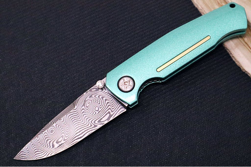 Garage Sale Boker 1969 Mach-1 Damascus - Green Anodized Aluminum Handle Scales / Drop Point Blade / Chad Nichols Wavepool Pattern Damascus 111102DAM - Northwest Knives