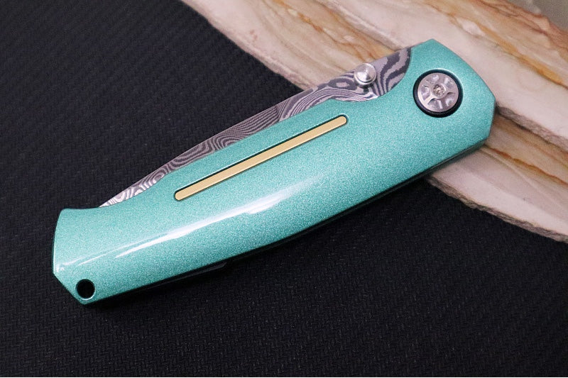 Garage Sale Boker 1969 Mach-1 Damascus - Green Anodized Aluminum Handle Scales / Drop Point Blade / Chad Nichols Wavepool Pattern Damascus 111102DAM - Northwest Knives