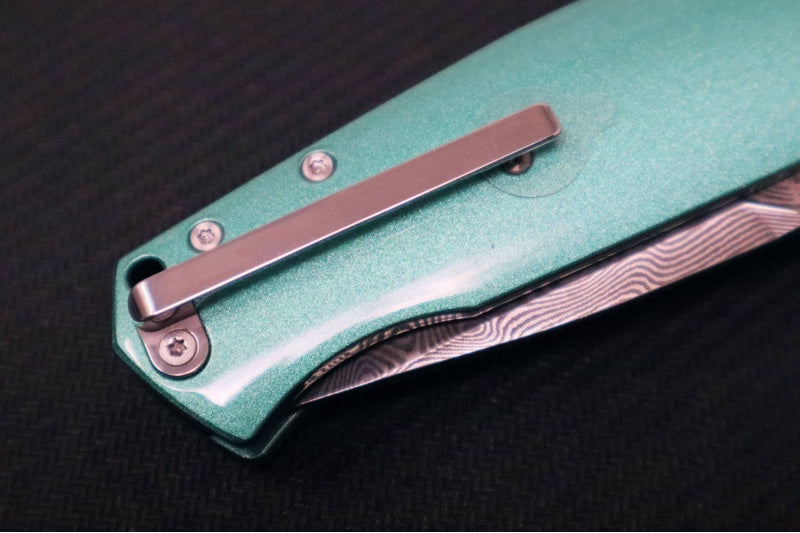 Garage Sale Boker 1969 Mach-1 Damascus - Green Anodized Aluminum Handle Scales / Drop Point Blade / Chad Nichols Wavepool Pattern Damascus 111102DAM - Northwest Knives