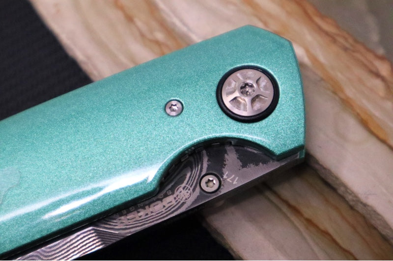 Garage Sale Boker 1969 Mach-1 Damascus - Green Anodized Aluminum Handle Scales / Drop Point Blade / Chad Nichols Wavepool Pattern Damascus 111102DAM - Northwest Knives