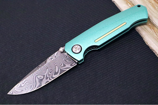 Garage Sale Boker 1969 Mach-1 Damascus - Green Anodized Aluminum Handle Scales / Drop Point Blade / Chad Nichols Wavepool Pattern Damascus 111102DAM (2) - Northwest Knives