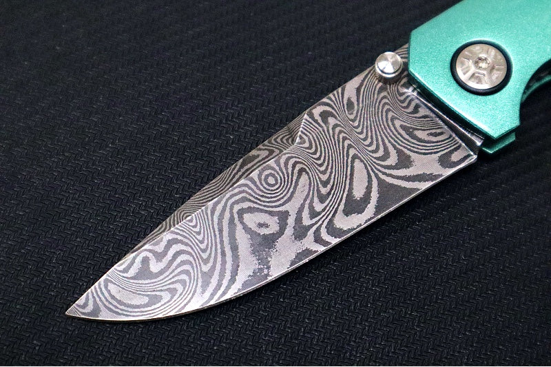 Garage Sale Boker 1969 Mach-1 Damascus - Green Anodized Aluminum Handle Scales / Drop Point Blade / Chad Nichols Wavepool Pattern Damascus 111102DAM (2) - Northwest Knives