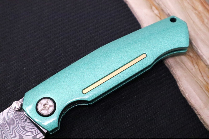 Garage Sale Boker 1969 Mach-1 Damascus - Green Anodized Aluminum Handle Scales / Drop Point Blade / Chad Nichols Wavepool Pattern Damascus 111102DAM (2) - Northwest Knives