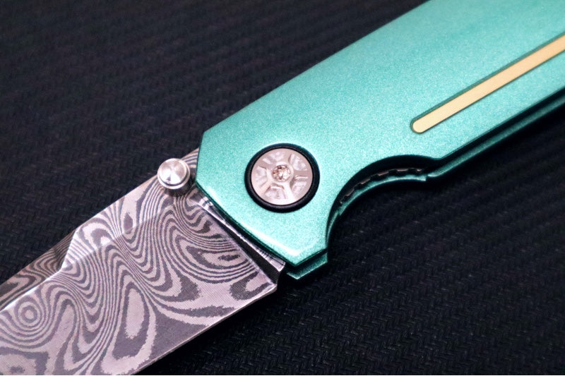 Garage Sale Boker 1969 Mach-1 Damascus - Green Anodized Aluminum Handle Scales / Drop Point Blade / Chad Nichols Wavepool Pattern Damascus 111102DAM (2) - Northwest Knives