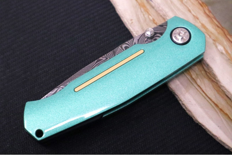 Garage Sale Boker 1969 Mach-1 Damascus - Green Anodized Aluminum Handle Scales / Drop Point Blade / Chad Nichols Wavepool Pattern Damascus 111102DAM (2) - Northwest Knives
