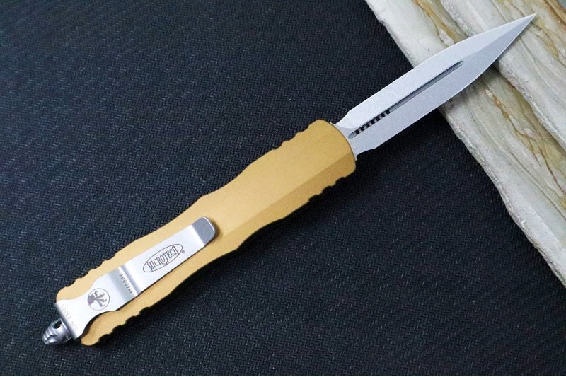 Microtech Dirac OTF - Stonewash Finish / Double Edge / Tan Anodized Aluminum Handle 225-10TA - Northwest Knives
