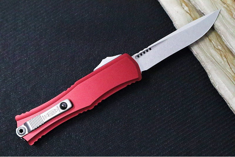 Microtech Mini Hera II OTF - Single Edge Blade / Stonewash Finish / Merlot Anodized Aluminum Handle 1705M-10MR - Northwest Knives