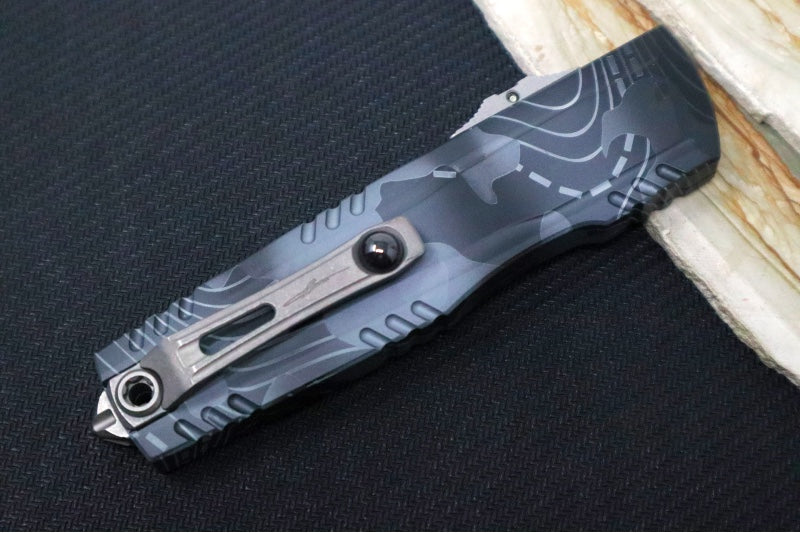 Microtech Luminary ZBP Signature Series OTF - Dagger Blade / Topographic Urban Camo Finish / Tritum Button Insert 1270-1TPUCS - Northwest Knives