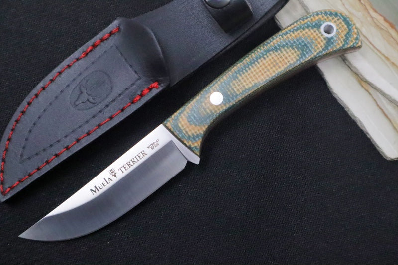 Muela Knives Terrier-9G Fixed Blade - Green & Yellow Micarta Handle / Nitro-42 Blade / Leather Sheath - Northwest Knives