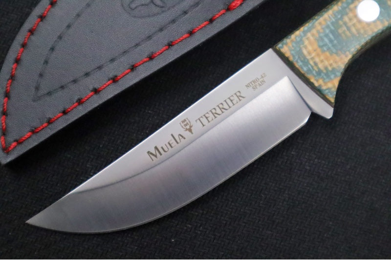 Muela Knives Terrier-9G Fixed Blade - Green & Yellow Micarta Handle / Nitro-42 Blade / Leather Sheath