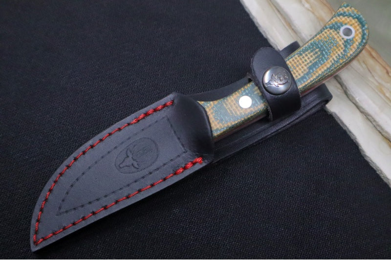 Muela Knives Terrier-9G Fixed Blade - Green & Yellow Micarta Handle / Nitro-42 Blade / Leather Sheath - Northwest Knives