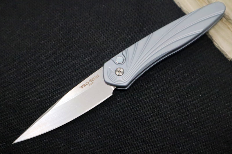 Pro Tech Newport Auto - Special Grey Anodized Aluminum Handle / 3D Wave Design / Mother of Pearl Push Button / Stonewashed Blade 3436-Grey