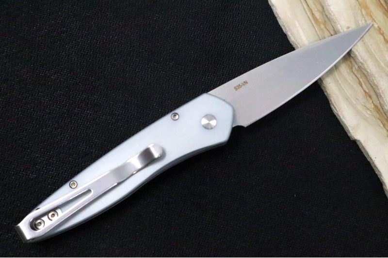 Pro Tech Newport Auto - Special Grey Anodized Aluminum Handle / 3D Wave Design / Mother of Pearl Push Button / Stonewashed Blade 3436-Grey