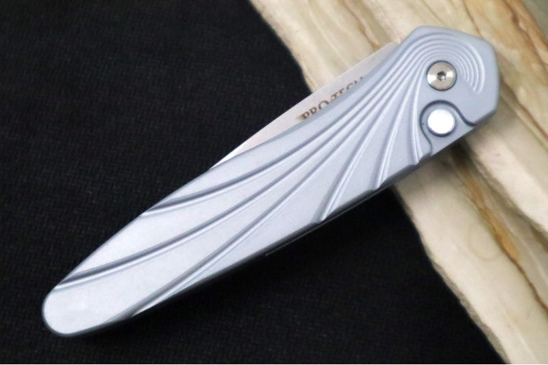 Pro Tech Newport Auto - Special Grey Anodized Aluminum Handle / 3D Wave Design / Mother of Pearl Push Button / Stonewashed Blade 3436-Grey