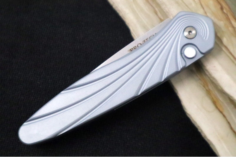 Pro Tech Newport Auto - Special Grey Anodized Aluminum Handle / 3D Wave Design / Mother of Pearl Push Button / Stonewashed Blade 3436-Grey - Northwest Knives