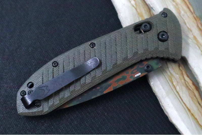 Benchmade 570CAMO-2601 Presidio II Limited Edition - CPM-S30V Steel / Green Canvas Micarta Handle Scales / Laser-Etched Flecktarn Camo Cerakote Pattern Finish - Northwest Knives