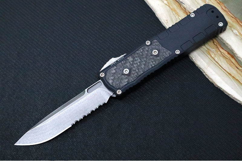 Guardian Tactical APEX OTF - Black Anodized Aluminum & Carbon Fiber Handle / CPM-MagnaMax Steel / Stonewashed Finish / Single Edge Blade with Serrations 152512 - Northwest Knives