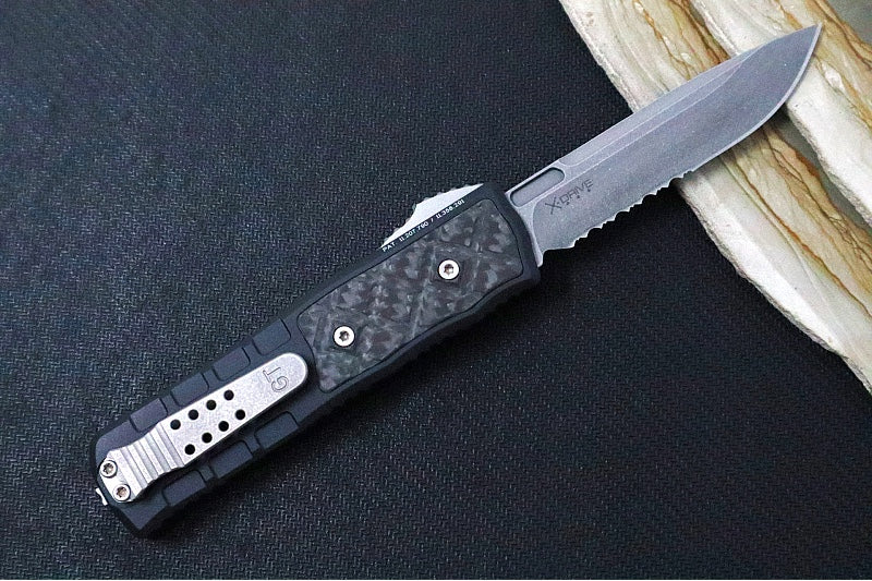 Guardian Tactical APEX OTF - Black Anodized Aluminum & Carbon Fiber Handle / CPM-MagnaMax Steel / Stonewashed Finish / Single Edge Blade with Serrations 152512 - Northwest Knives