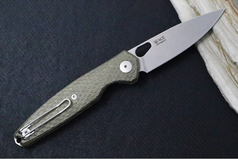 GiantMouse ACE REO - Green Canvas Micarta Handle / Stonewashed Finish / CPM-Magnacut Steel REO-GRN-CANVAS-TI-BACKSPACER - Northwest Knives
