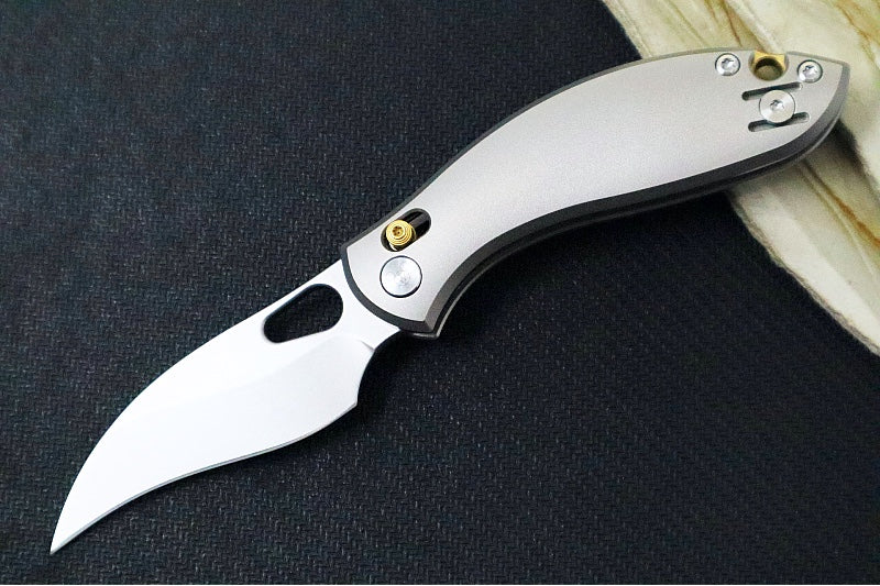 GiantMouse GM13 Folder  - Orange Peel Full Titanium Handle Scales / Stonewashed Finish / CPM-S90V Steel / Hawkbill Blade GM13 - Northwest Knives