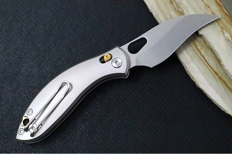 GiantMouse GM13 Folder  - Orange Peel Full Titanium Handle Scales / Stonewashed Finish / CPM-S90V Steel / Hawkbill Blade GM13 - Northwest Knives