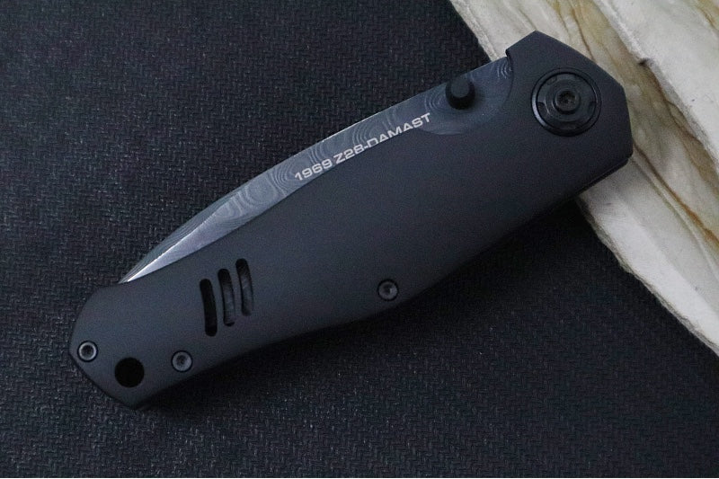Boker 1969 Z28 Damascus Shadow - Black Anodized Handle Scales / Drop Point Blade / PVD Finished Chad Nichols Tread Pattern Damascus 111110DAM - Northwest Knives