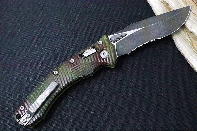 Microtech Amphibian Outbreak Folder RAM-Lok - Partial Serrated Drop Point / Darkwash Outbreak Finish / Outbreak Green Aluminum Handle with Red Blood Splatter 137RL-2FLOBS - Northwest Knives