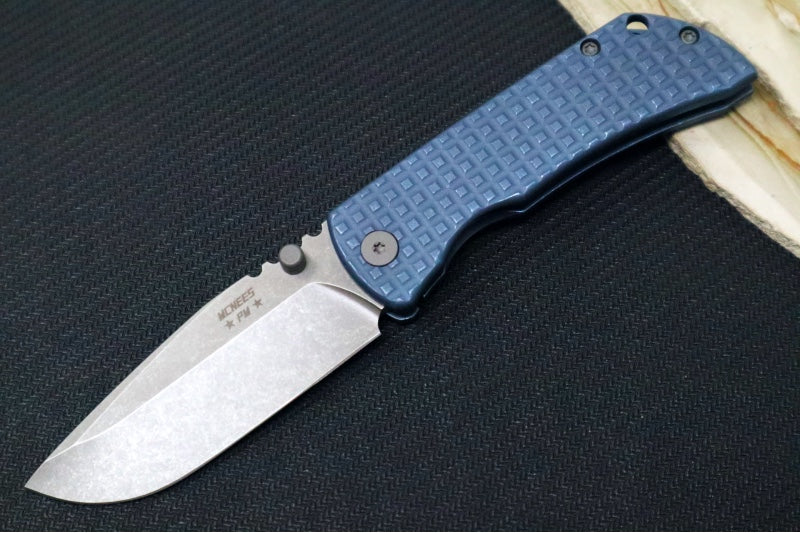 McNees Knives PM Mac2 3.0" Frag Folding Knife - CPM-Magnacut Steel / Drop Point / Frag Patterned Blue Anodized Titanium Handle & Stonewashed Hardware - Northwest Knives