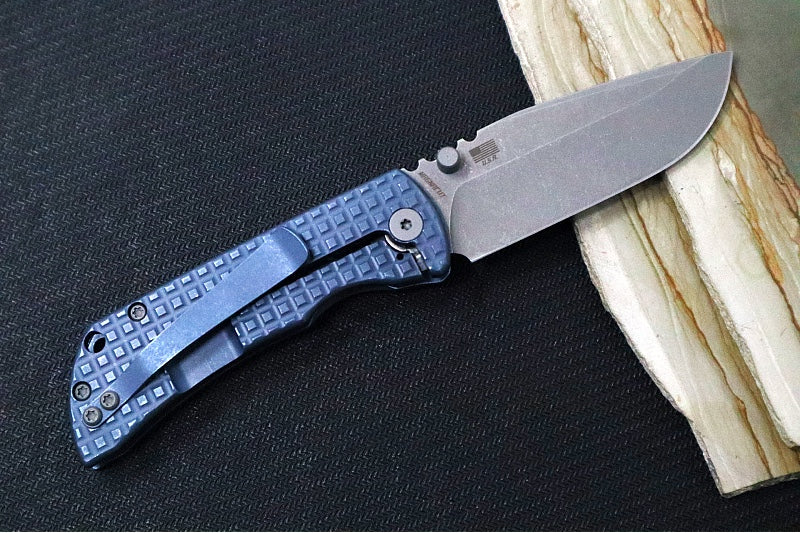 McNees Knives PM Mac2 3.0" Frag Folding Knife - CPM-Magnacut Steel / Drop Point / Frag Patterned Blue Anodized Titanium Handle & Stonewashed Hardware - Northwest Knives