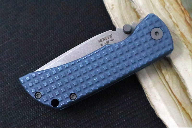 McNees Knives PM Mac2 3.0" Frag Folding Knife - CPM-Magnacut Steel / Drop Point / Frag Patterned Blue Anodized Titanium Handle & Stonewashed Hardware - Northwest Knives