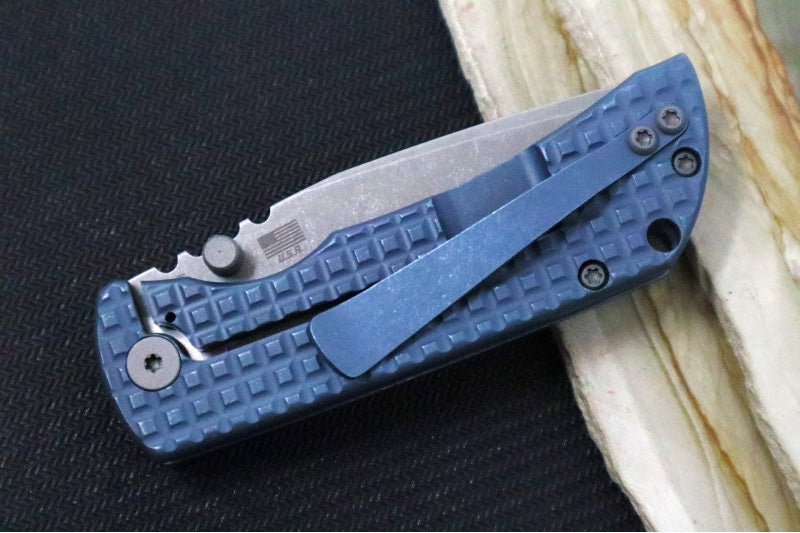 McNees Knives PM Mac2 3.0" Frag Folding Knife - CPM-Magnacut Steel / Drop Point / Frag Patterned Blue Anodized Titanium Handle & Stonewashed Hardware - Northwest Knives