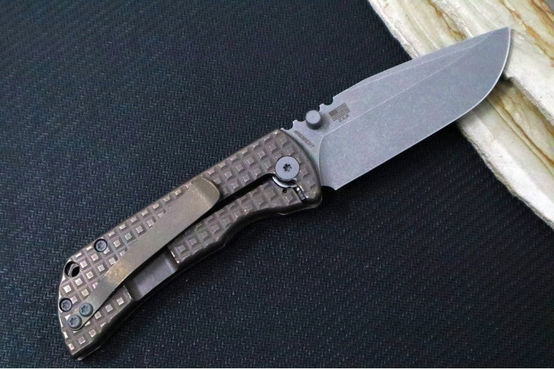 McNees Knives PM Mac2 3.0" Folding Knife - CPM-Magnacut Steel / Drop Point / Stonewashed Blade / Frag Patterned Bronzed Anodized Titanium Handle & Stonewashed Hardware - Northwest Knives