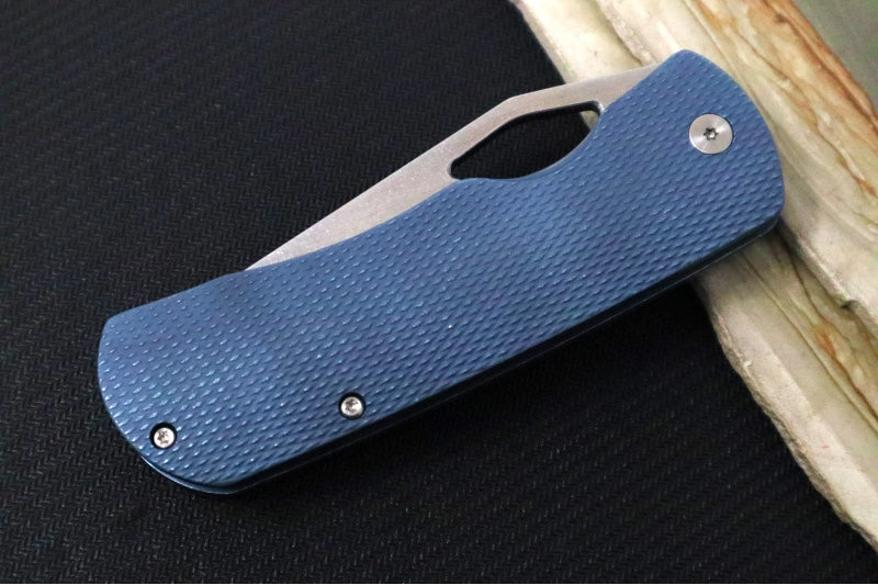 McNees Knives 3.75" DX Dixon - CPM-Magnacut Steel / Drop Point / Satin Stonewashed Finish / Blue Anodized Diamond Patterned Titanium Handle & Satin Hardware - Northwest Knives
