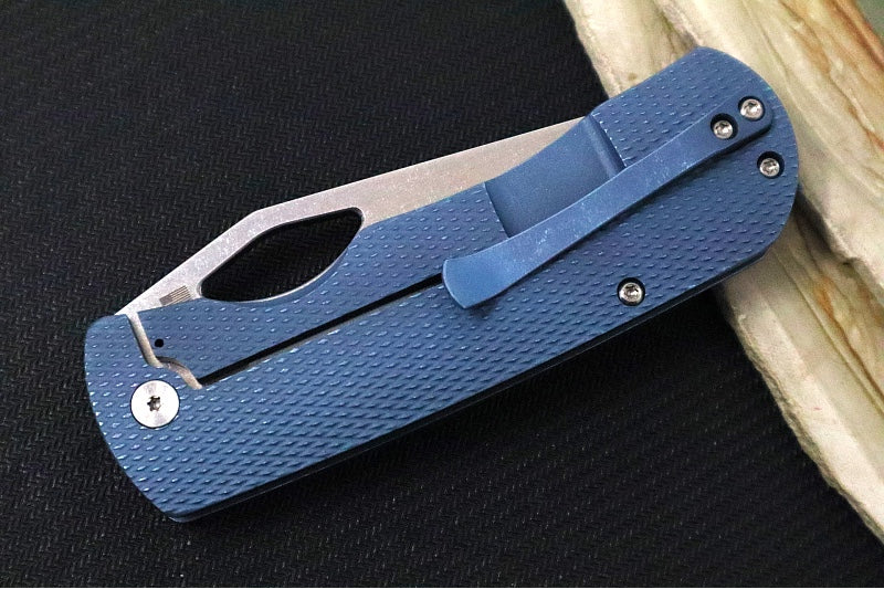 McNees Knives 3.75" DX Dixon - CPM-Magnacut Steel / Drop Point / Satin Stonewashed Finish / Blue Anodized Diamond Patterned Titanium Handle & Satin Hardware - Northwest Knives