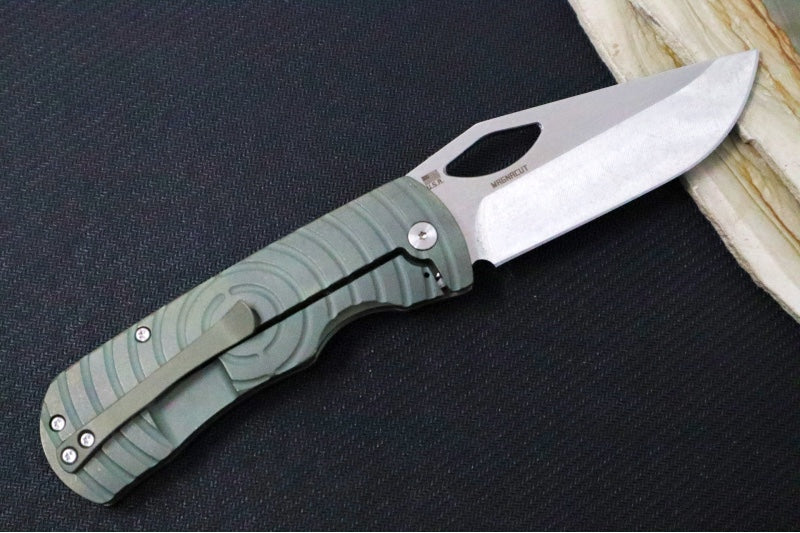 McNees Knives 3.75" DX Dixon Shockwave - CPM-Magnacut Steel / Drop Point / Satin Stonewashed Finish / Green & Bronzed Patterned Titanium Handle & Satin Hardware - Northwest Knives