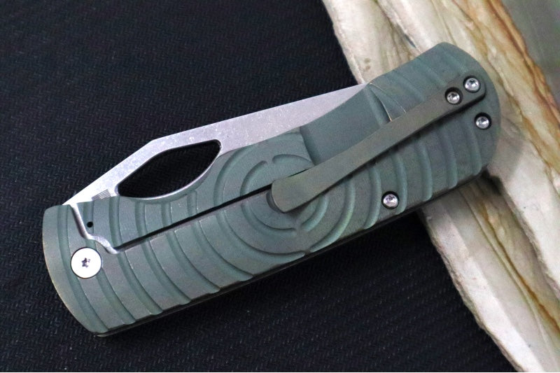 McNees Knives 3.75" DX Dixon Shockwave - CPM-Magnacut Steel / Drop Point / Satin Stonewashed Finish / Green & Bronzed Patterned Titanium Handle & Satin Hardware - Northwest Knives