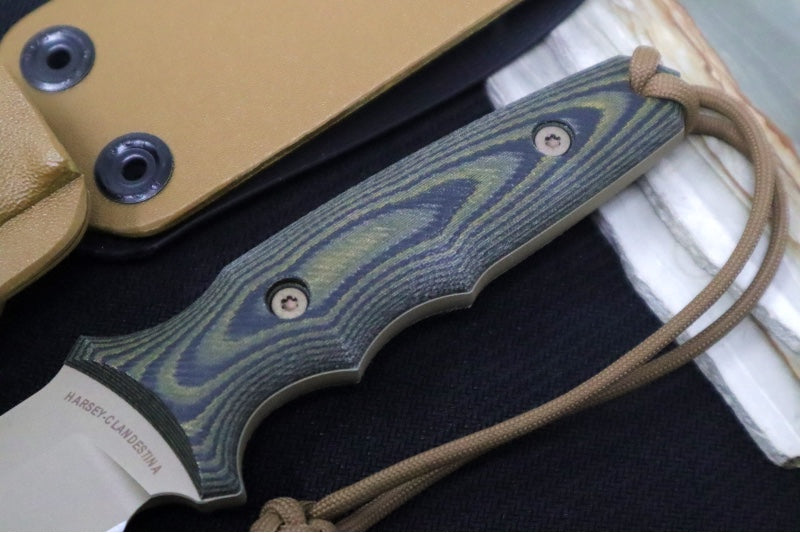 Spartan Blades Clandestina Fixed Blade - Flat Dark Earth Blade / Camo Micarta Handle / Tan Kydex Sheath SB57DECMKYTN