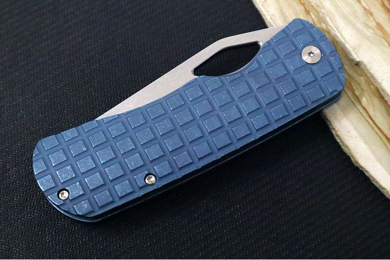 McNees Knives 3.75" DX Dixon - CPM-Magnacut Steel / Drop Point / Stonewashed Satin Finish / Blue Anodized Frag Titanium Handle & Satin Hardware - Northwest Knives