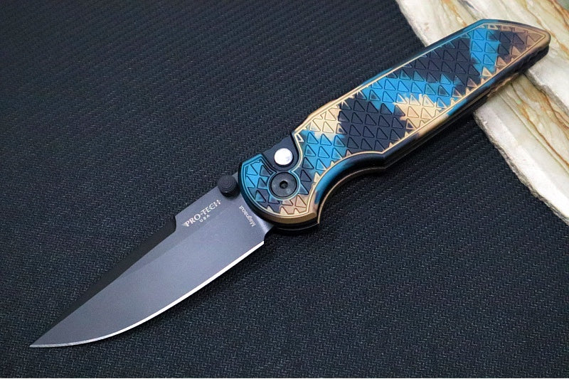 Pro Tech TR-3 Integrity - Drop Point / Black DLC Finish / CPM-Magnacut Steel / "Relic" SHIPWRECK Textured Anodized Handle / Black Lip Pearl Push Button INT106-SHIPWRECK - Northwest Knives