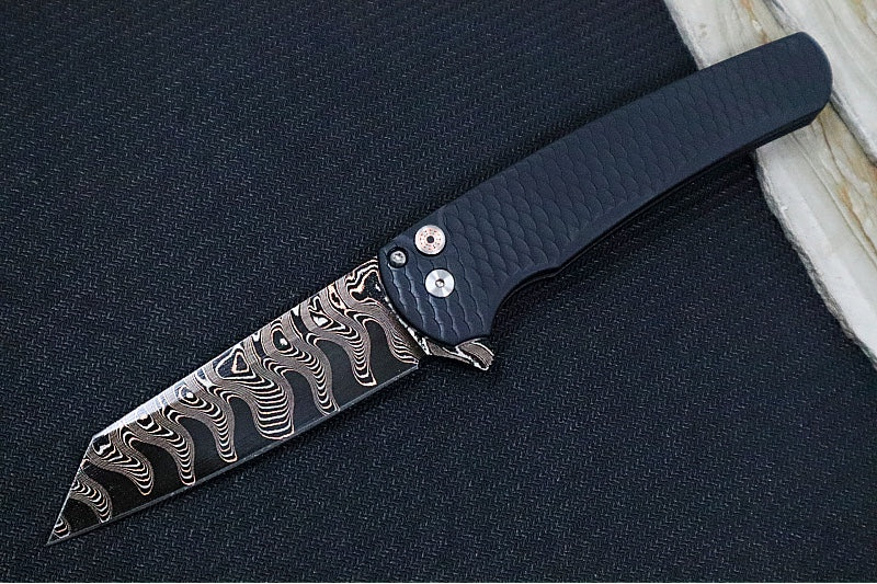 Pro Tech Malibu Custom - "Dragon Scale" Black Anodized Aluminum Handle / Black Hardware & Clip / BakerForge Coppermai Ripple Damascus / Reverse Tanto Blade / Copper Mosaic Pin Push Button - Northwest Knives
